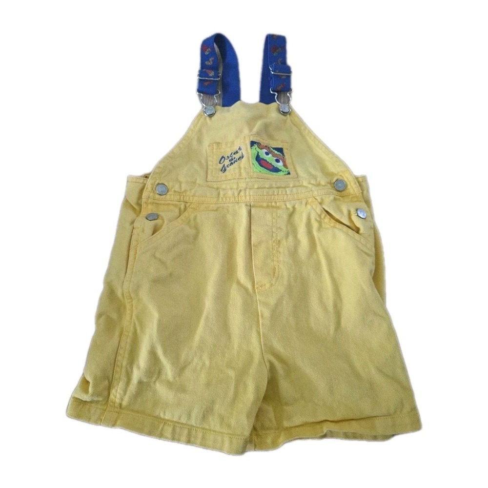 Vintage Sesame Street Oscar The Grouch Yellow Overalls Shorts Size 4T Rare